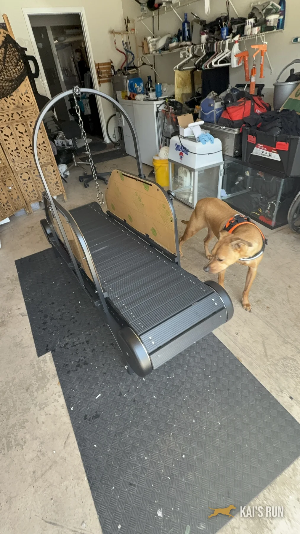 Ronzeil Large Slatmill slat belt and safety arch in the Kai's Run garage